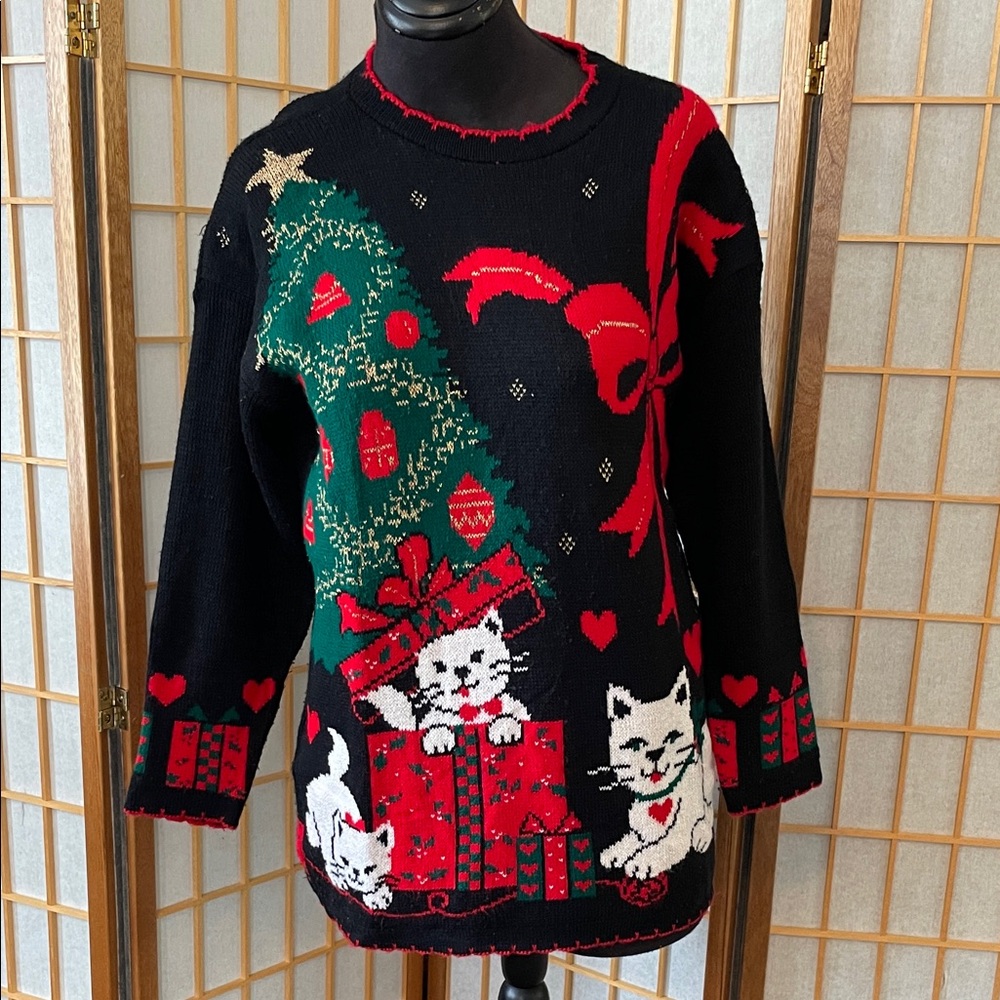 Vintage USA Nutcracker Festive Black Sweater with Christmas Tree and Cats 90’s